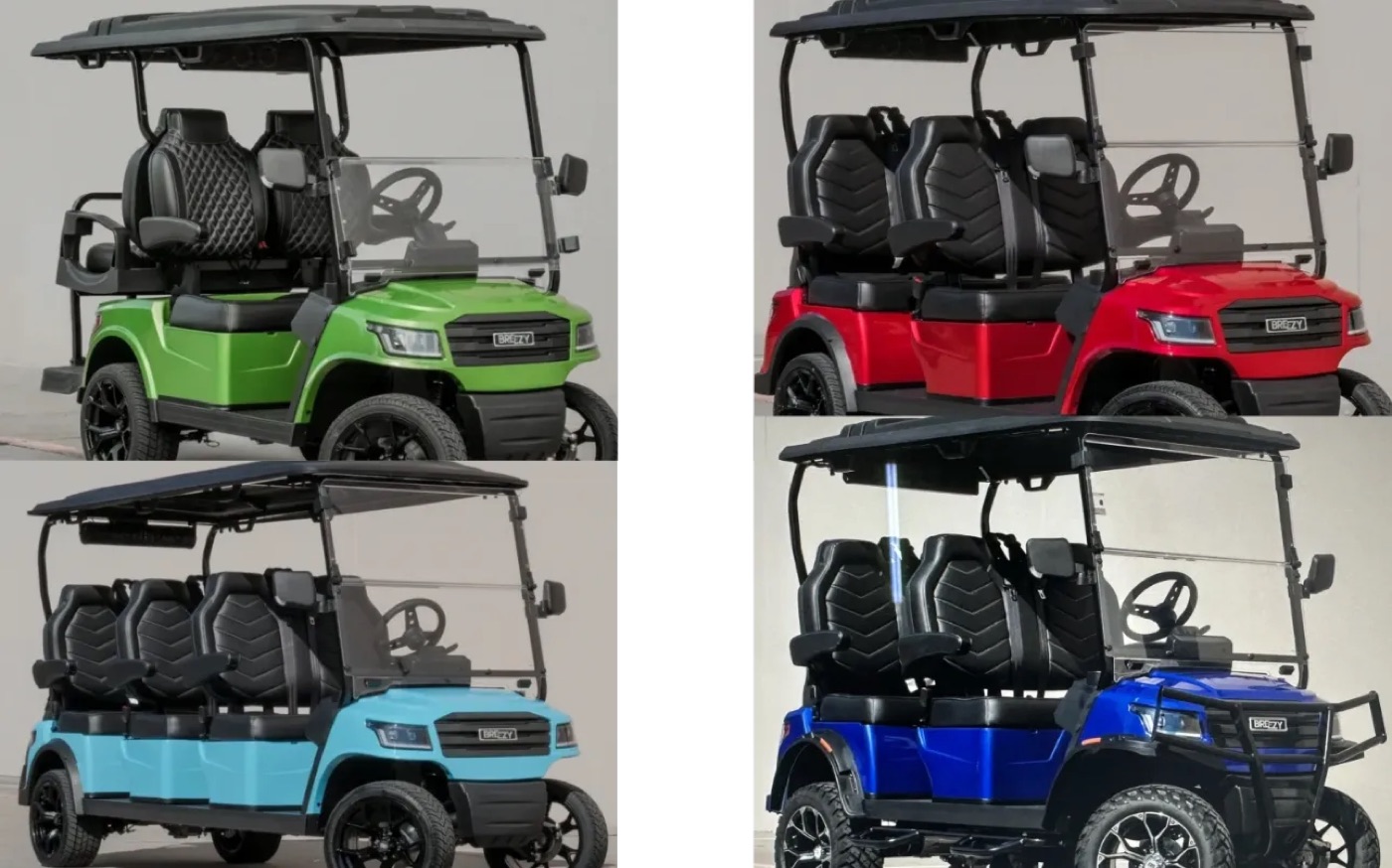 Four Breezy EV golf carts in green, red, light blue, and dark blue showing color and seating options