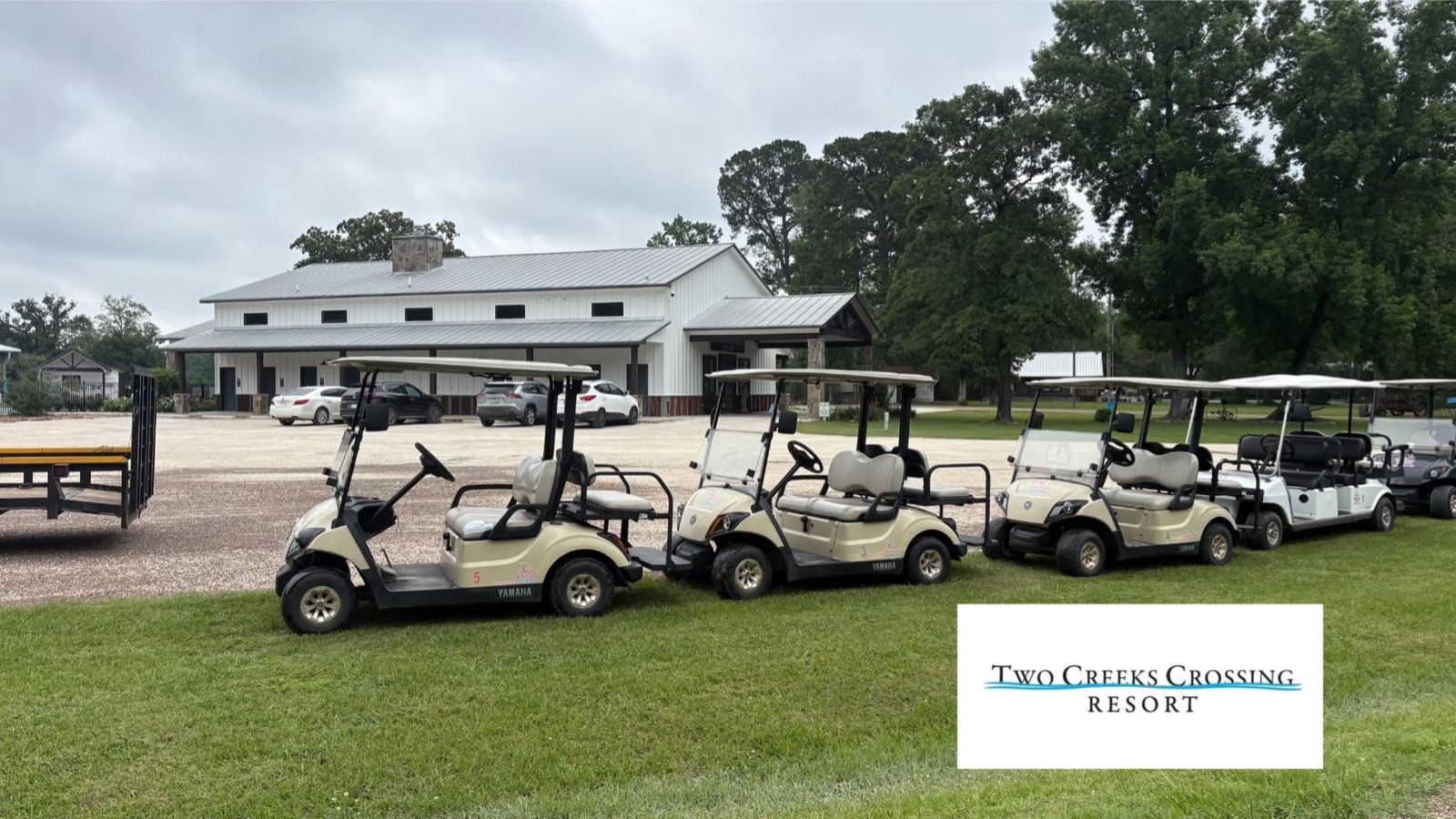 Fleet of Yamaha golf carts at Two Creeks Crossing Resort